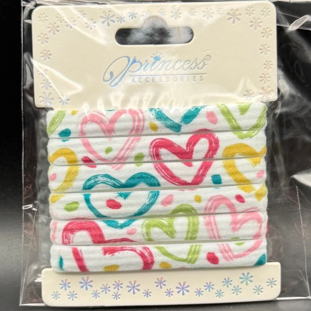 Princess Accessories Kids Heart Print Elastic Hair Ties 8 Pack White Multi Color